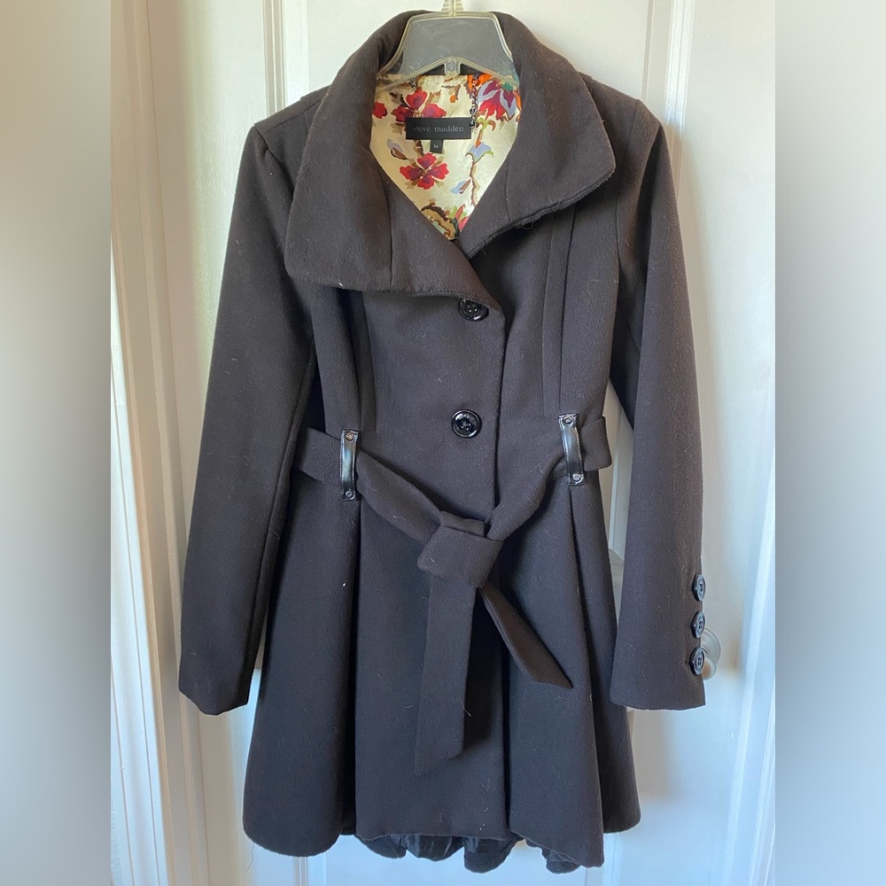 Steve Madden Black Wool Blend Peacoat with Floral Lining